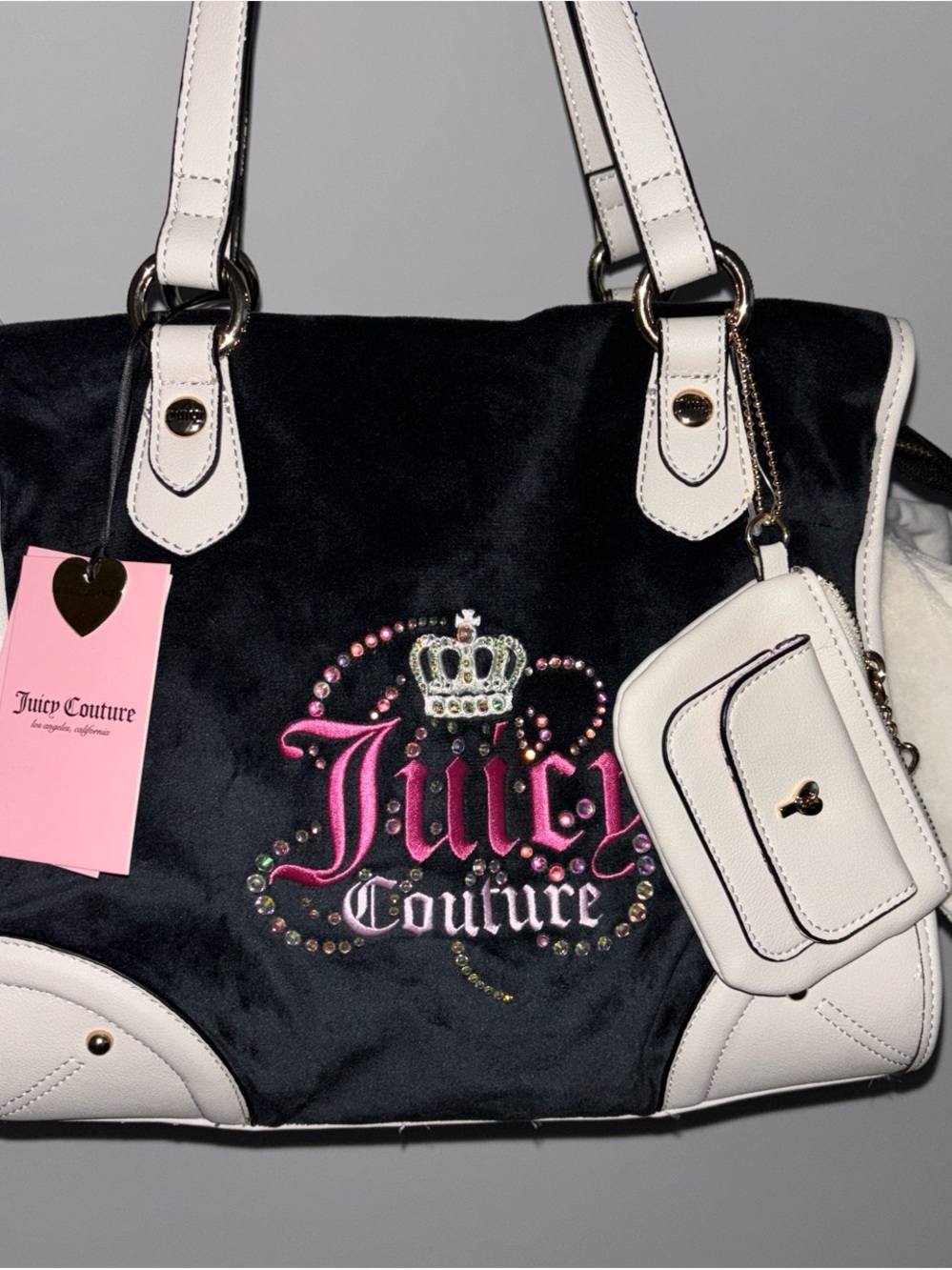 Juicy Couture Black Tote with White Trim and Pink Logo Embellishment